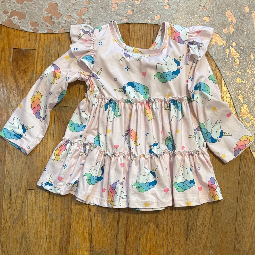 Girls Unicorn Ruffle Long Sleeve Tunic- Pink